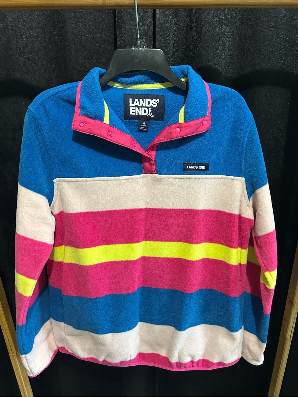Lands' End Women’s Striped Snap‑Placket Fleece Pullover - Blue/Pink